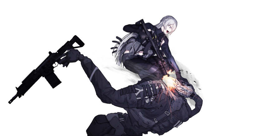 1girl absurdres ak-15 ak-15_(girls'_frontline) assault_rifle black_gloves black_pants character_request chest_rig fighting firing gloves grey_hair grey_jacket gun highres holding holding_gun holding_weapon humanoid_robot jacket kalashnikov_rifle long_hair looking_at_another open_mouth pants peinlike plate_carrier pouch rifle robot simple_background tactical_clothes violet_eyes weapon weapon_request white_background