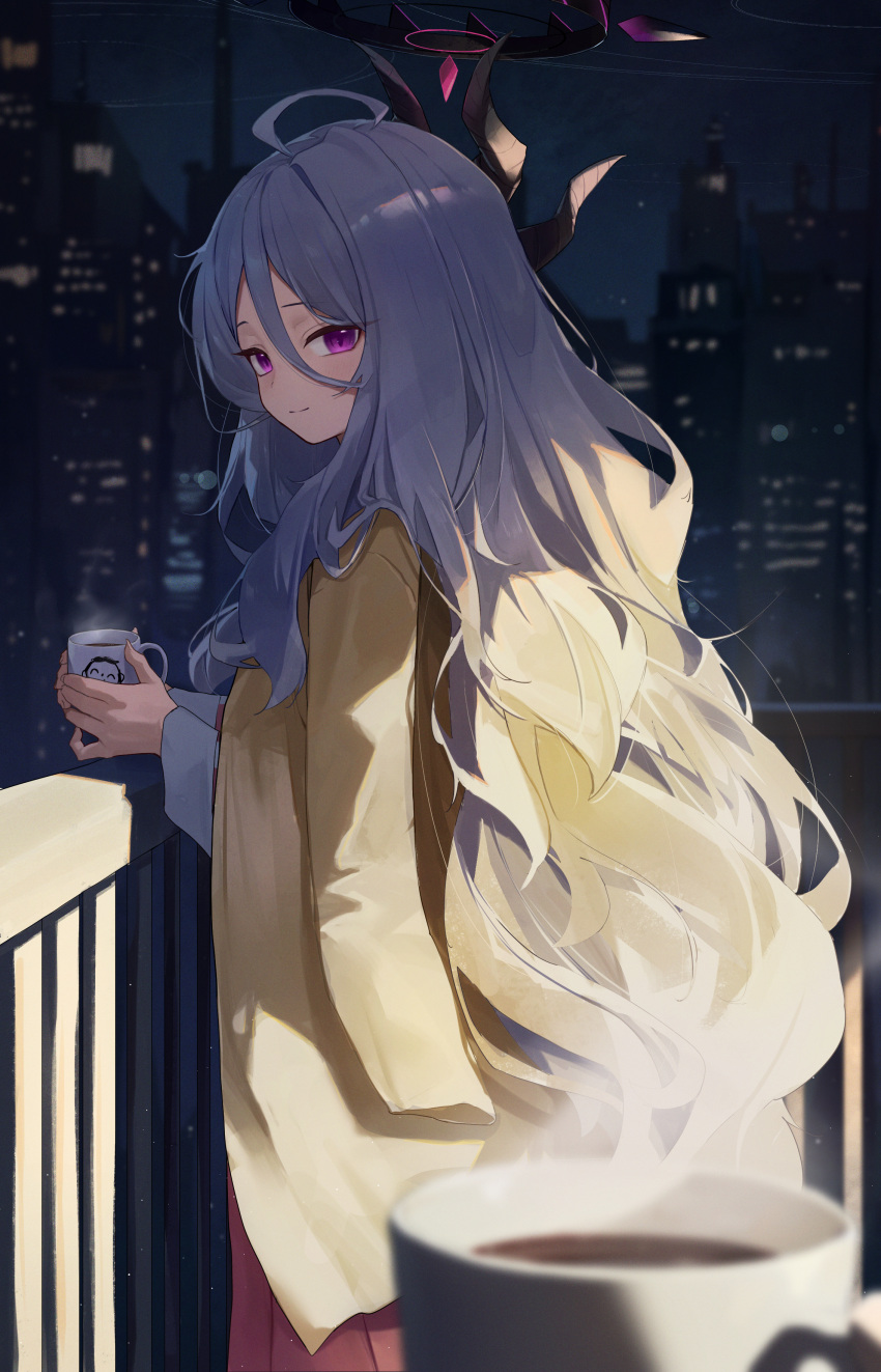1girl absurdres ahoge arona's_sensei_doodle_(blue_archive) black_horns blue_archive building closed_mouth coat coat_on_shoulders coffee cup grey_hair halo highres hina_(blue_archive) holding holding_cup horns long_hair long_sleeves looking_at_viewer multiple_horns sensei_(blue_archive) smile solo toi1et_paper very_long_hair violet_eyes yellow_coat