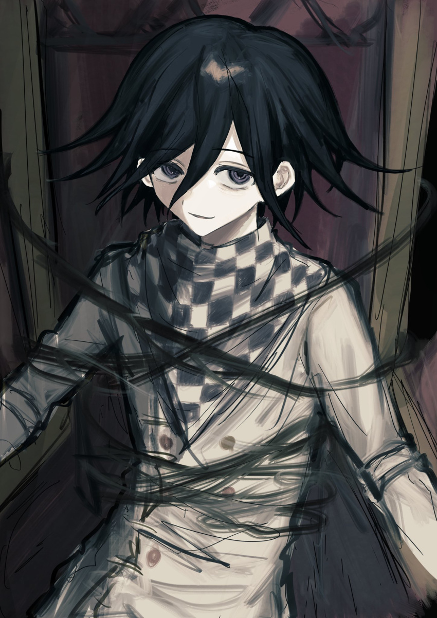 1boy black_hair buttons chair checkered_clothes checkered_scarf danganronpa_(series) danganronpa_v3:_killing_harmony double-breasted hair_between_eyes highres jacket long_sleeves looking_at_viewer male_focus oma_kokichi scarf short_hair smile solo violet_eyes wa_noko