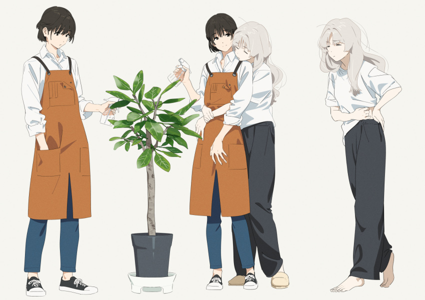 2girls apron baggy_pants barefoot black_eyes black_footwear black_hair black_pants blue_pants bottle closed_eyes clothes_lift collared_shirt commentary full_body grey_hair hand_in_pocket hand_on_own_hip hand_on_own_stomach highres holding hug hug_from_behind k_(kamo_kamen) kamo_kamen lifted_by_self long_hair long_sleeves looking_at_another looking_at_object m_(kamo_kamen) midriff_peek multiple_girls orange_apron original pants parted_bangs plant potted_plant shirt shirt_lift shoes short_hair short_sleeves simple_background sleeves_rolled_up slippers smile spray_bottle white_background white_shirt yuri