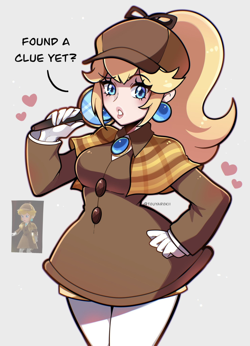 1girl artist_name blonde_hair brooch brown_coat brown_headwear coat deerstalker detective_peach earrings english_text game_screenshot_inset gloves grey_background hat highres holding holding_magnifying_glass jewelry long_hair looking_at_viewer magnifying_glass official_alternate_costume pants ponytail princess_peach princess_peach:_showtime! simple_background solo sphere_earrings super_mario_bros. touyarokii watermark white_gloves white_pants