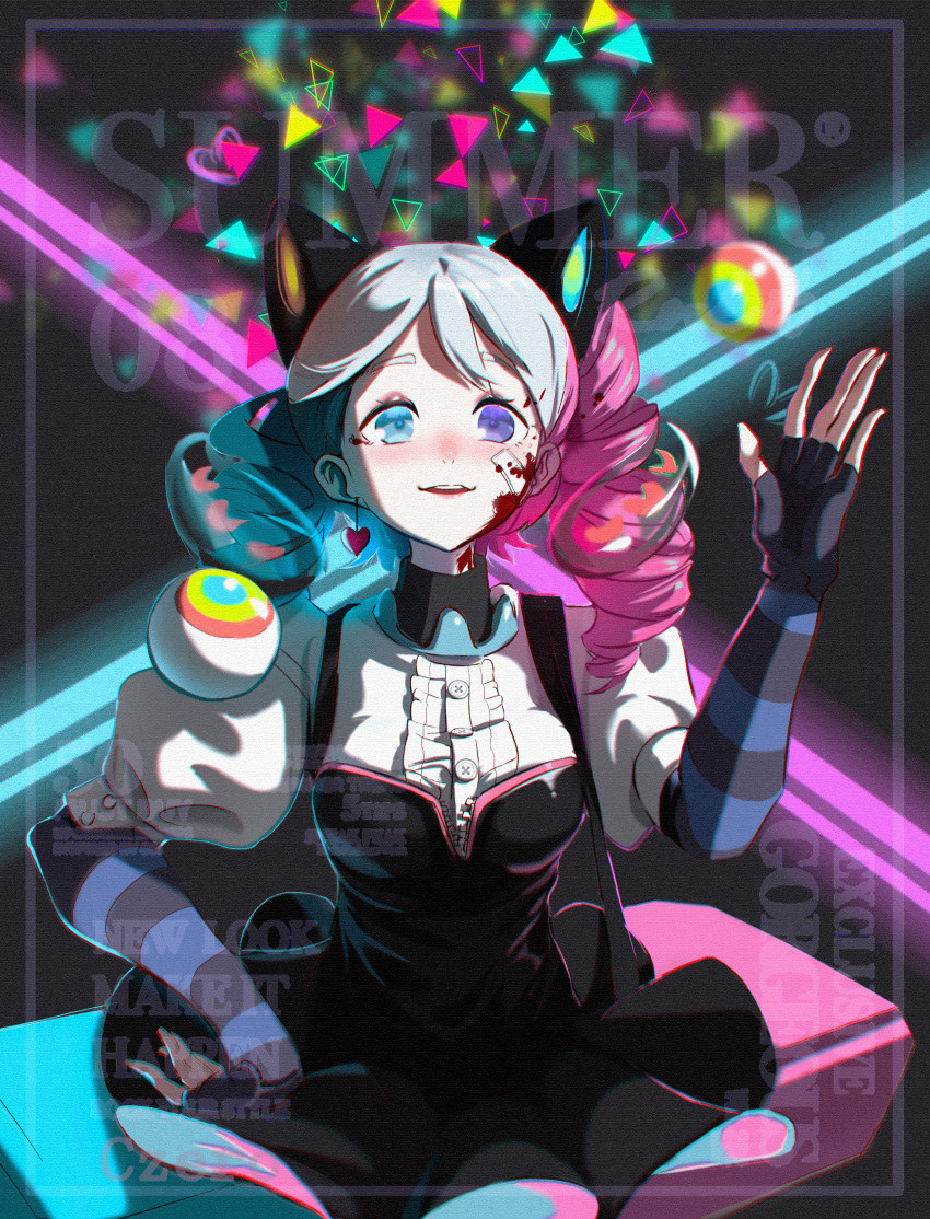 1girl absurdres animal_ears blood blood_on_face blue_eyes blue_hair blush chromatic_aberration czero_czero drill_hair earrings elbow_gloves fingerless_gloves gloves gradient_hair grey_hair heart heart_earrings heterochromia highres jewelry long_hair looking_ahead multicolored_hair open_mouth original pink_hair puffy_sleeves short_sleeves sitting smile solo striped striped_gloves teeth twin_drills upper_teeth_only violet_eyes