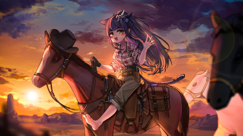 1girl :d absurdres animal_ear_fluff animal_ears arknights barefoot black_gloves black_hair black_headwear cat_ears cat_girl cat_tail clouds cloudy_sky collared_shirt cowboy_hat dress_shirt gloves green_eyes grey_pants hand_up hat highres horseback_riding jessica_(arknights) kourou_(kouroukun) long_hair looking_at_viewer mountain multicolored_hair outdoors pants plaid plaid_shirt ponytail purple_hair riding shirt short_sleeves single_glove sky smile soles solo streaked_hair sunset tail very_long_hair