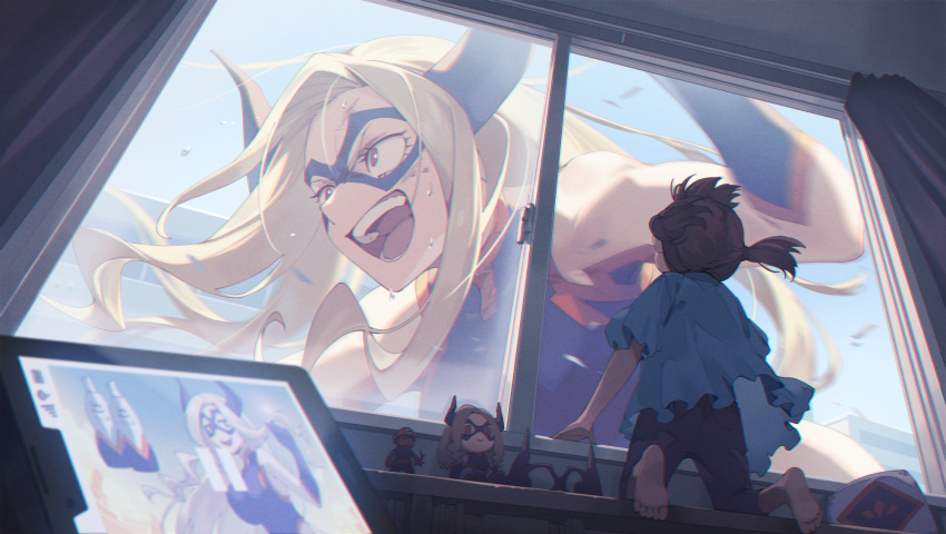 2girls action_figure blonde_hair blue_shirt blue_sky bodysuit boku_no_hero_academia breasts brown_hair building city curtains domino_mask eye_mask from_behind from_below giant giantess highres horns kneeling large_breasts long_hair looking_at_another looking_through_window mask masked mount_lady multiple_girls open_mouth pause_button purple_horns purple_mask shirt side_ponytail skin_tight sky stuffed_toy superhero sweat tablet_pc violet_eyes window zinnkousai3850