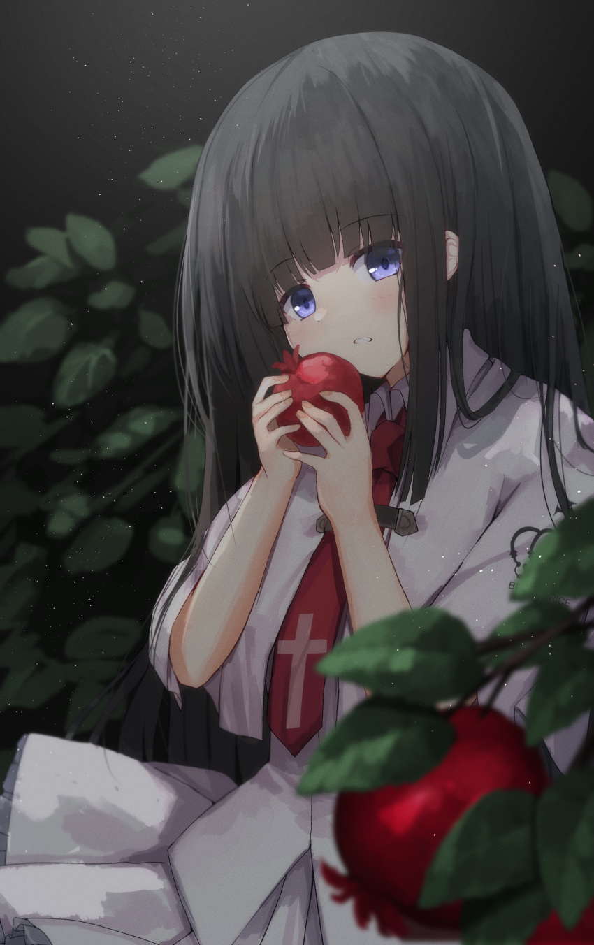 1girl absurdres apple black_background black_hair blue_eyes blunt_bangs blunt_ends blurry blush capelet commentary cross_print darkness depth_of_field food fruit hair_spread_out hands_up highres holding holding_food holding_fruit leaf light_particles long_hair looking_at_viewer miniskirt necktie nodoameyatou parted_lips red_necktie school_uniform shirt sidelocks simple_background skirt solo straight_hair subarashiki_hibi takashima_zakuro very_long_hair white_capelet white_shirt white_skirt