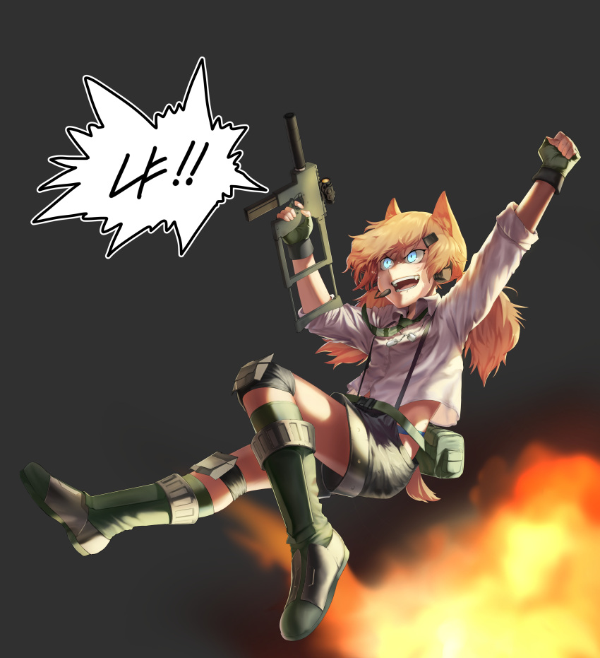 1girl absurdres animal_ears arms_up black_shorts blonde_hair blue_eyes blue_panties boots cat_ears cat_tail clenched_hand commentary diagonal-striped_necktie dog_tags explosion finger_on_trigger fingerless_gloves full_body girls_frontline gloves green_footwear green_gloves green_necktie grey_background gun hair_ornament headset highres holding holding_gun holding_weapon idw_(girls'_frontline) jdw knee_pads korean_text long_hair necktie open_mouth panties parker-hale_idw shirt shorts simple_background sleeves_rolled_up smile solo suspender_shorts suspenders tail teeth translation_request twintails underwear v-shaped_eyebrows weapon white_shirt