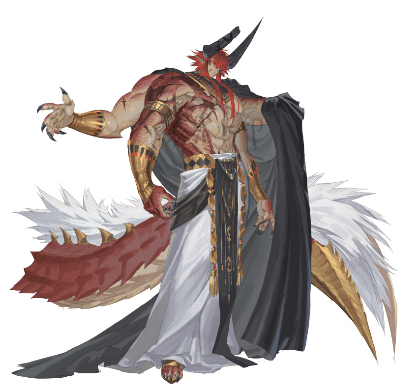 1boy abs absurdres armlet black_cape black_horns black_sclera broken_horn cape claws colored_sclera colored_skin dark-skinned_male dark_skin dragon_boy dragon_horns dragon_tail ear_piercing extra_arms full_body highres horns jewelry leviair long_hair looking_at_viewer male_focus monster_boy multicolored_eyes multicolored_skin muscular muscular_male no_shirt original pelvic_curtain piercing pointy_ears red_eyes red_scales red_skin redhead scales scar scar_on_face scar_on_mouth sidelocks smile solo standing tail vambraces white_background yellow_eyes
