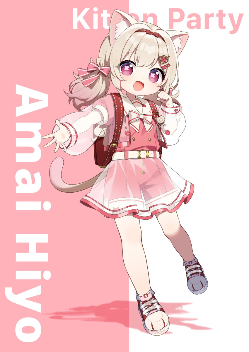 1girl alternate_costume amai_hiyo animal_ears belt cat_ears cat_tail character_name ekakibito full_body hair_ornament headband highres indie_virtual_youtuber light_brown_hair low_twintails medium_hair open_mouth paw_pose school_uniform shoes shorts solo standing tail twintails violet_eyes virtual_youtuber