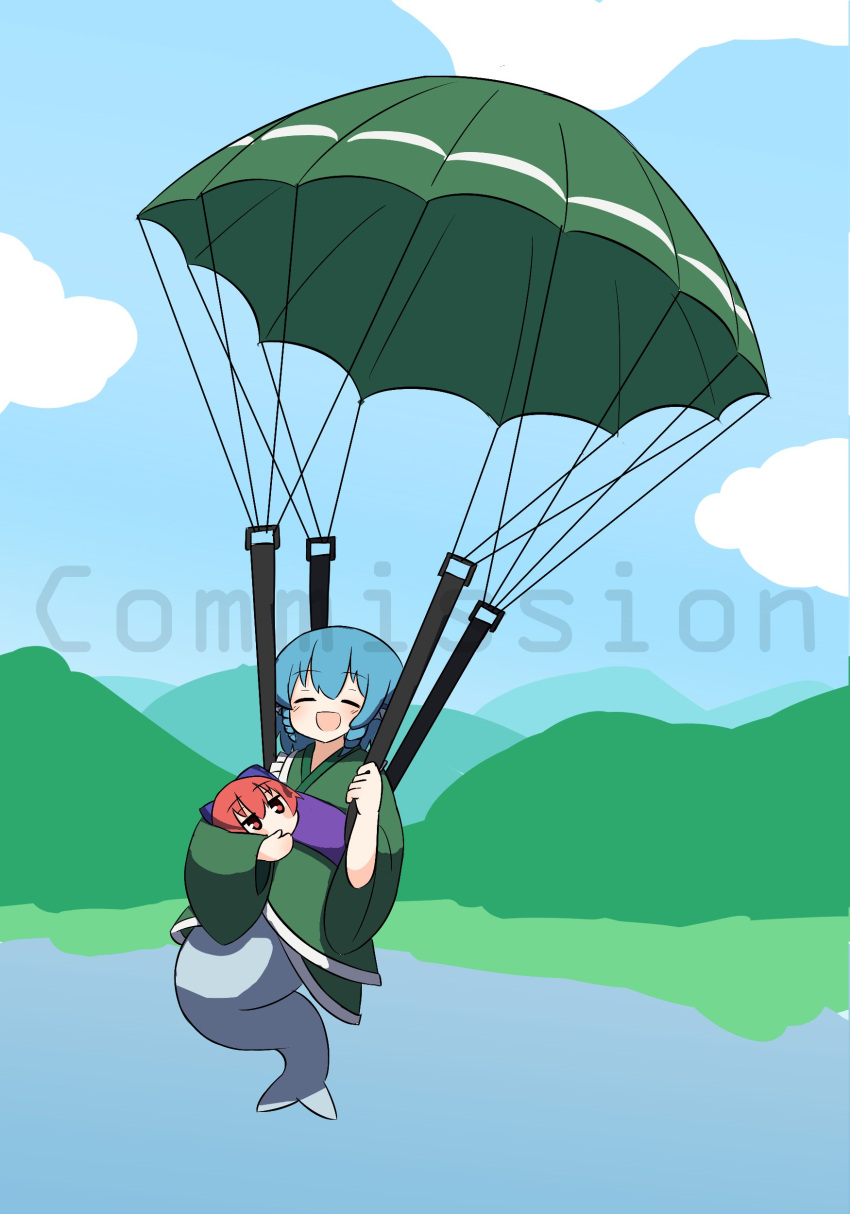 2girls :d absurdres blue_hair blue_sky clouds commentary commission disembodied_head drill_hair drill_sidelocks english_commentary ferdy's_lab green_kimono highres japanese_clothes kimono mermaid monster_girl multiple_girls open_mouth outdoors parachute red_eyes redhead sekibanki short_hair sidelocks sky smile touhou wakasagihime