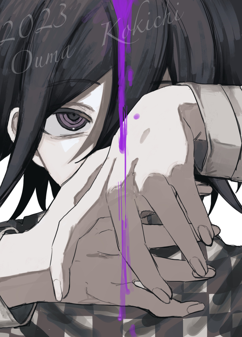 1boy 2023 absurdres black_hair blood character_name checkered_clothes checkered_scarf danganronpa_(series) danganronpa_v3:_killing_harmony highres long_sleeves male_focus oma_kokichi one_eye_covered pink_blood pink_eyes portrait scarf short_hair simple_background wa_noko white_background