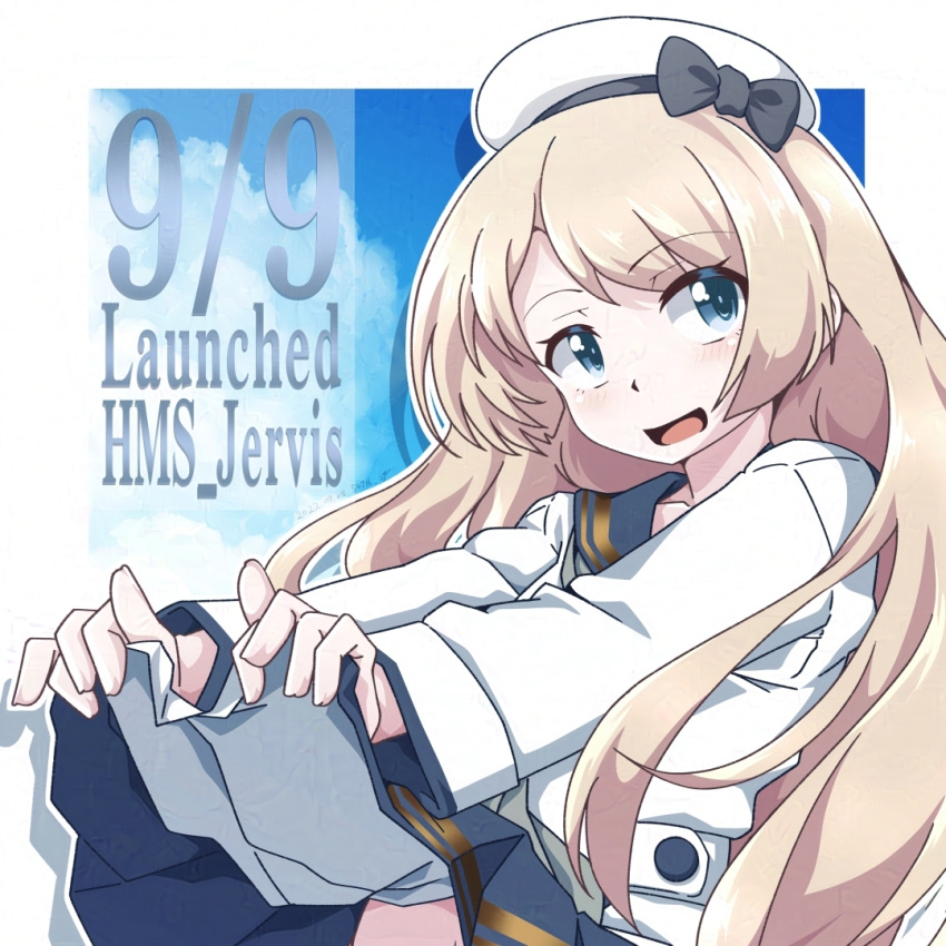 1girl 547th_sy black_sailor_collar blue_sky character_name clothes_lift clouds cosplay dated dress dress_lift hat jervis_(kancolle) kantai_collection out-of-frame_censoring sailor_collar sailor_dress sailor_hat sky solo trait_connection white_headwear yukikaze_(kancolle) yukikaze_(kancolle)_(cosplay) yukikaze_kai_ni_(kancolle) yukikaze_kai_ni_(kancolle)_(cosplay)