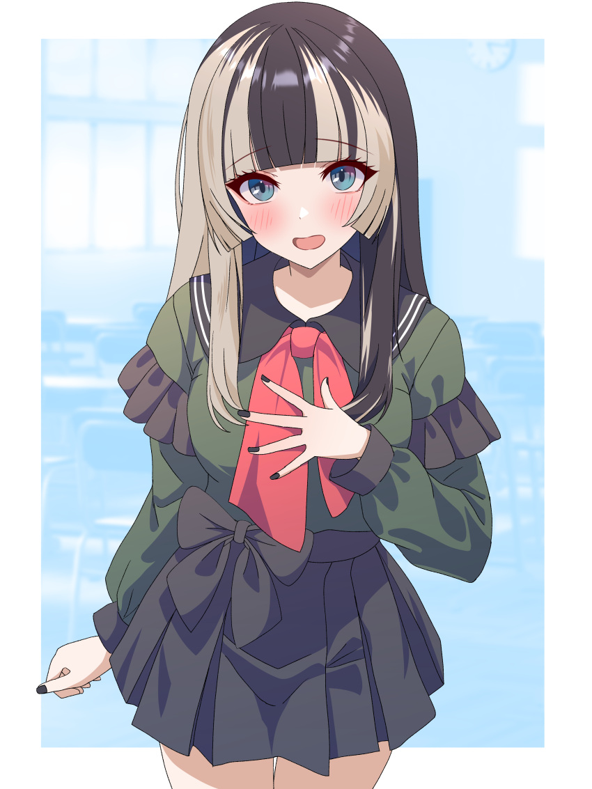 1girl absurdres black_hair black_nails black_ribbon black_skirt blonde_hair blue_eyes blunt_bangs blush border frilled_sleeves frills hand_on_own_chest highres hololive juufuutei_raden kuchitani long_hair looking_at_viewer multicolored_hair nail_polish open_mouth red_ribbon ribbon simple_background skirt solo standing streaked_hair thick_eyelashes two-tone_hair virtual_youtuber white_border