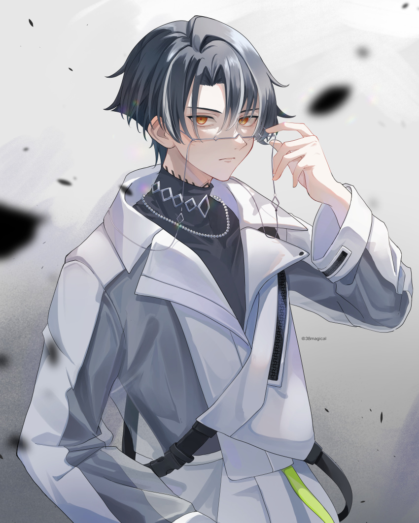 1boy absurdres black_hair glasses gradient_background grey_background grey_hair grey_shirt highres itsuki_(paradox_live) jacket long_sleeves looking_at_viewer male_focus miya_(38magical) multicolored_hair neck_tattoo orange_eyes paradox_live shirt solo tattoo turtleneck white_background white_jacket