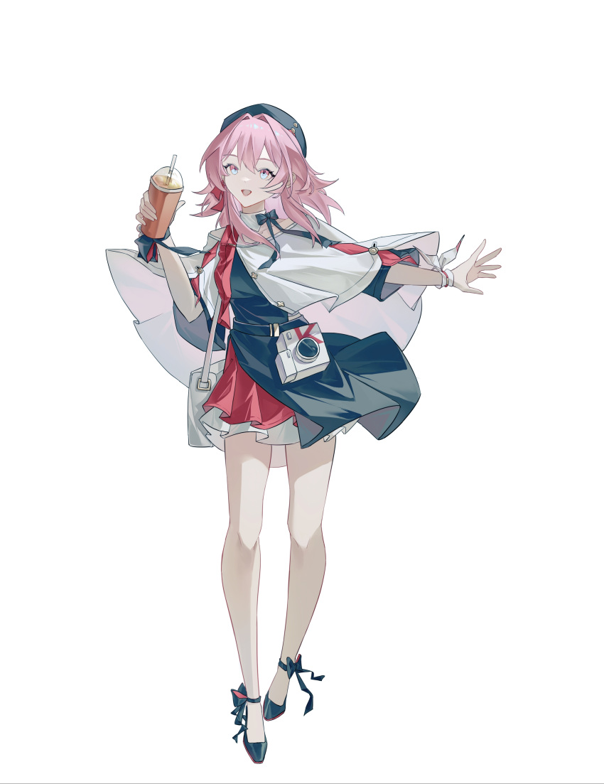 1girl absurdres bag bare_legs beret black_footwear black_headwear blue_eyes camera collarbone drink earrings full_body hair_intakes hand_up hat highres holding holding_drink honkai:_star_rail honkai_(series) jewelry layered_skirt march_7th_(honkai:_star_rail) march_7th_(kfc)_(honkai:_star_rail) medium_hair miniskirt official_alternate_costume open_hand open_mouth outstretched_arm pink_eyes pink_hair ribbon shoulder_bag simple_background single_earring skirt solo two-tone_eyes white_background wrist_ribbon zhengzhengyaozhengfa