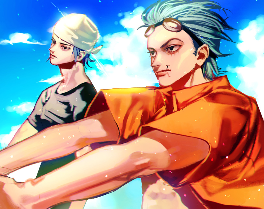 2boys absurdres aged_down bandana black_eyes black_shirt blue_hair blue_sky closed_mouth clouds cloudy_sky day franky_(one_piece) goggles goggles_on_head highres iceburg korean_commentary looking_to_the_side male_focus mouth_hold multiple_boys one_piece onigirimayora orange_shirt outdoors shirt short_hair short_sleeves sky white_bandana
