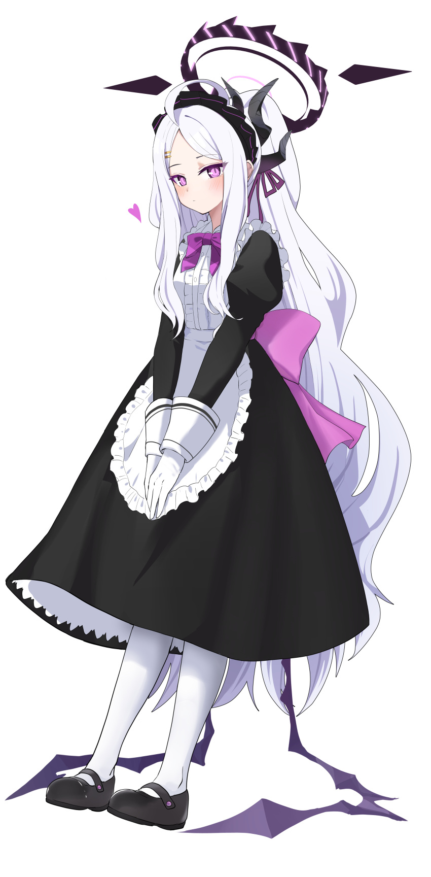 1girl absurdres ahoge alternate_costume apron black_footwear blue_archive commentary_request demon_girl demon_horns demon_wings enmaided forehead frilled_apron frills full_body gloves hair_ornament hairclip halo highres hina_(blue_archive) horns inapple long_hair long_sleeves looking_at_viewer maid maid_apron maid_headdress mary_janes pantyhose parted_bangs ponytail shoes sidelocks simple_background solo standing v_arms violet_eyes wavy_hair white_apron white_background white_gloves white_hair white_pantyhose wings