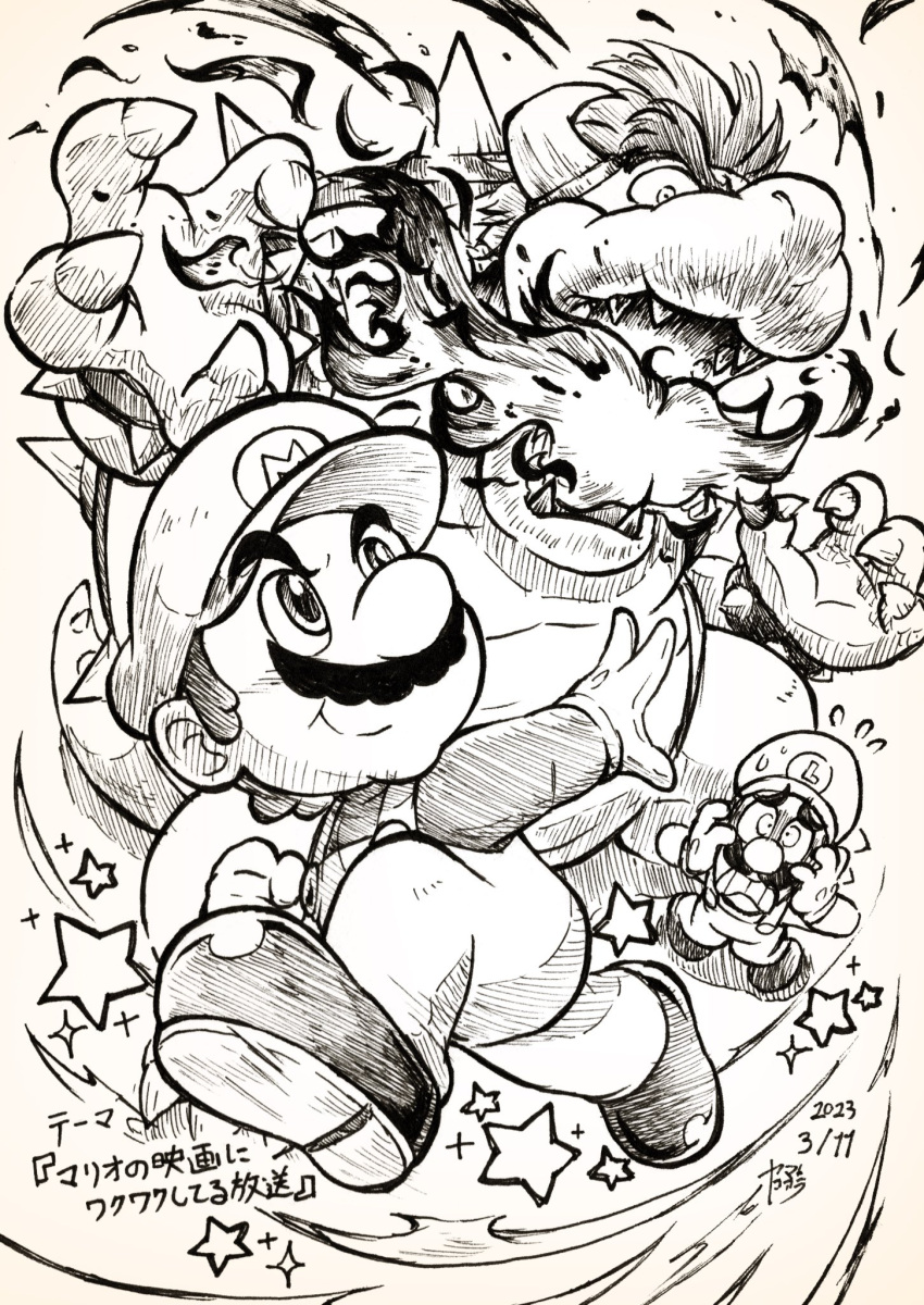 3boys armlet big_nose bowser breathing_fire brothers buttons cabbie_hat clenched_hand clenched_teeth closed_mouth commentary_request dated facial_hair fighting fingernails fire flying_sweatdrops frown furry furry_male gloves greyscale hands_on_own_head hat highres horns ink_(medium) jumping long_sleeves luigi male_focus mario monochrome multiple_boys mustache nostrils open_mouth overalls raised_eyebrows scared shaded_face shadow sharp_fingernails sharp_teeth shirt shoes short_hair siblings signature smile spiked_armlet spiked_shell spiked_tail star_(symbol) super_mario_bros. tail teeth thick_eyebrows traditional_media translation_request turtle_shell wide-eyed yamato_koara
