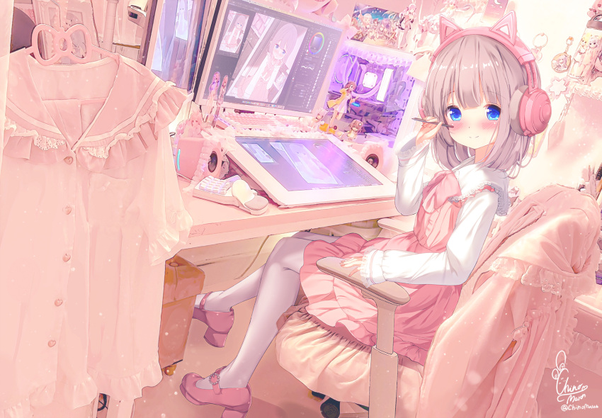 1girl animal_ear_headphones animal_ears blue_eyes blush breasts cat_ear_headphones chair chinomaron closed_mouth commentary_request desk drawing_tablet dress duplicate fake_animal_ears from_side headphones highres indoors keyboard_(computer) light_smile long_sleeves looking_at_viewer looking_to_the_side mary_janes medium_hair monitor mouse_(computer) multiple_monitors office_chair original pantyhose pink_dress pink_footwear pink_hair pink_shirt pink_theme pixel-perfect_duplicate shirt shoes small_breasts swivel_chair white_pantyhose white_shirt