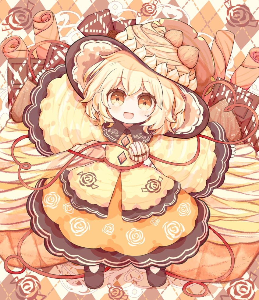 1girl argyle argyle_background black_collar black_footwear blonde_hair boots buttons cinnamon_stick collar collared_shirt commentary_request cupcake diamond_button eyelashes floral_background floral_print flower food food-themed_background food-themed_clothes food-themed_hat fruit heart heart_of_string highres icing komeiji_koishi limited_palette long_skirt long_sleeves looking_at_viewer open_mouth orange_hair orange_skirt outstretched_arms palette_swap ro.ro rose shirt short_hair skirt sleeves_past_wrists smile strawberry third_eye touhou white_background wide_sleeves yellow_eyes yellow_shirt