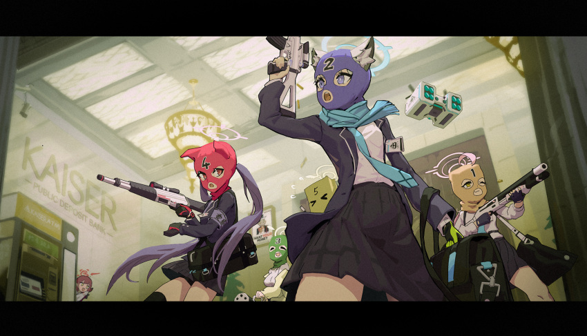 5girls animal_ears aru_(blue_archive) assault_rifle bag balaclava bank beretta_1301 beretta_ar70/90 blue_archive chinese_commentary commentary_request crossover drone duffel_bag gatling_gun grand_theft_auto grand_theft_auto_v gun halo hifumi_(blue_archive) highres holding holding_gun holding_weapon hoshino_(blue_archive) i_want_you letterboxed luoxuan_dazhuang_ji m134_minigun mask minigun mismatched_pupils multiple_girls nonomi_(blue_archive) paper_bag partial_commentary pointing pointing_at_viewer poster_(medium) rifle robbery scarf school_uniform serika_(blue_archive) shiroko_(blue_archive) shotgun sig_556 sig_sauer uncle_sam weapon wolf_ears