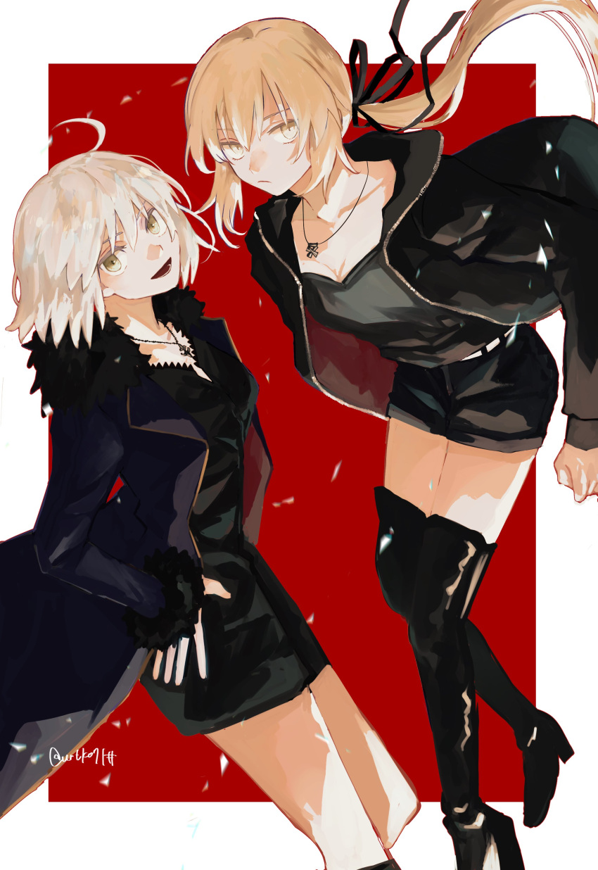 2girls absurdres ahoge artoria_pendragon_(fate) black_dress black_footwear black_jacket black_ribbon black_shirt black_shorts blonde_hair boots border closed_mouth collarbone commentary_request commission dress expressionless fate/grand_order fate_(series) floating_hair fur-trimmed_jacket fur_trim hair_between_eyes hair_ribbon hands_on_own_hips high_heel_boots high_heels highres jacket jeanne_d'arc_alter_(fate) jeanne_d'arc_alter_(ver._shinjuku_1999)_(fate) jewelry knee_boots long_hair long_sleeves multiple_girls necklace official_alternate_costume open_clothes open_jacket outside_border ponytail red_background ribbon saber_alter saber_alter_(ver._shinjuku_1999)_(fate) shirt short_hair shorts simple_background smile twitter_username urtk07 white_border white_hair yellow_eyes