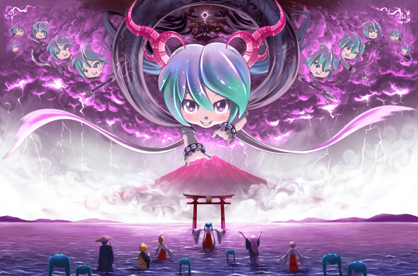 2boys 6+girls anniversary aqua_eyes aqua_hair arms_up arrow_(projectile) artist_name axe backlighting bare_shoulders battle_axe blonde_hair blue_hair blue_kimono blue_robe bow bow_(weapon) brown_hair clone clouds cloudy_sky commentary demon_horns detached_sleeves eclipse floating from_behind grey_sky hagoromo hair_bow hakama hakama_skirt hat hatsune_miku highres holding holding_axe holding_bow_(weapon) holding_mace holding_polearm holding_sword holding_weapon horns japanese_clothes kagamine_len kagamine_rin kaito_(vocaloid) kimono large_hat lightning lolita_majin long_hair looking_at_viewer mace megurine_luka meiko_(vocaloid) miko mikudayoo monk mount_fuji mountainous_horizon multiple_boys multiple_girls multiple_persona ocean open_mouth outdoors outstretched_arm outstretched_arms own_hands_together pink_hair plectrum polearm praying rain reaching red_skirt rice_hat robe scenery shawl shinto shirt shiteyan'yo short_hair skirt sky sleeveless sleeveless_shirt smile spiky_hair statue studded_bracelet sword t-pose toga torii twintails very_long_hair very_wide_shot violet_eyes vocaloid wading weapon what white_bow white_shirt white_sleeves wide_sleeves