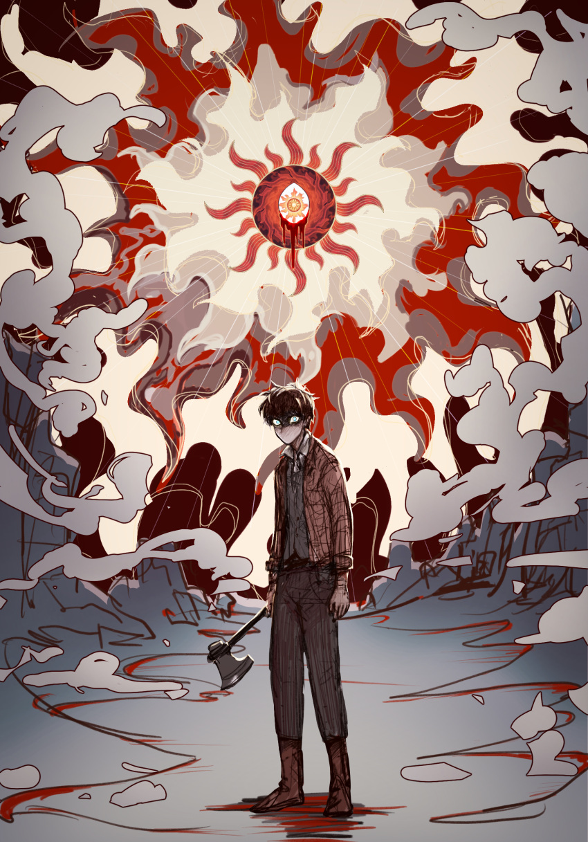 1boy axe black_hair blue_eyes boots brown_footwear brown_jacket brown_pants circle_of_inevitability dust fantasypenguin highres holding holding_axe jacket looking_at_viewer lumian_lee outdoors pants ruins shaded_face shadow shirt solo sun very_big_eyes white_shirt