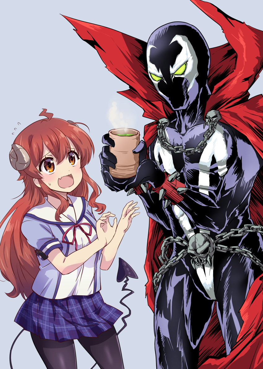 absurdres ahoge black_pantyhose bodysuit brown_eyes cape chain cup curled_horns demon_girl demon_horns demon_tail green_eyes highres holding holding_cup horns machikado_mazoku mask mukaibi_aoi nervous pantyhose plaid plaid_skirt red_cape skirt spawn spawn_(spawn) tail yoshida_yuuko_(machikado_mazoku)