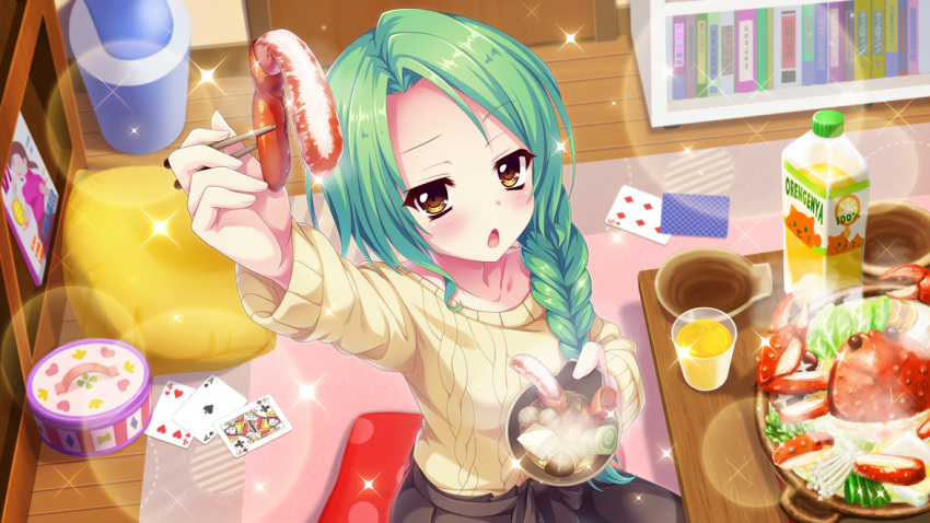 1girl book bookshelf bowl braid card chopsticks collarbone crab cup dot_nose drinking_glass film_grain forehead from_above game_cg green_hair holding holding_bowl holding_chopsticks incoming_food indoors izumi_tsubasu lens_flare long_braid looking_at_viewer magazine_(object) non-web_source official_art on_floor on_pillow open_mouth orange_juice pillow playing_card re:stage! rug shirokita_kuroha single_braid solo sparkle sweater table trash_can wooden_floor wooden_table yellow_eyes yellow_sweater