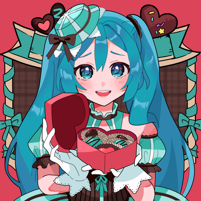 1girl absurdres aqua_eyes aqua_hair bare_shoulders blue_eyes blue_hair blush box box_of_chocolates chocolate commentary dress english_commentary gift gloves hair_between_eyes hair_ornament hat hatsune_miku heart-shaped_box highres holding holding_gift incoming_gift long_hair looking_at_viewer mini_hat open_mouth puffy_sleeves ribbon simple_background smile solo sugarmonaka twintails valentine very_long_hair vocaloid white_gloves