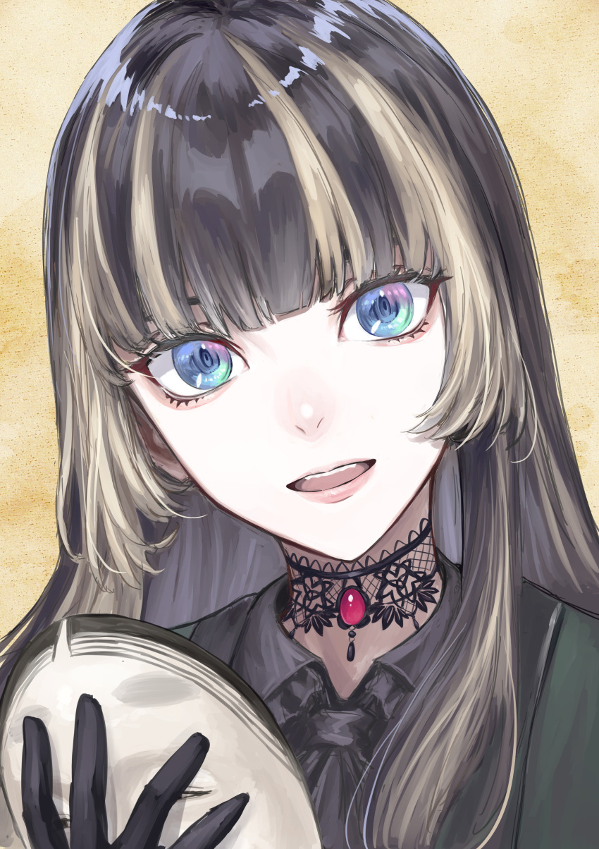 1girl absurdres black_gloves black_hair blonde_hair blue_eyes blunt_bangs choker eyelashes g9_(jiiku) gloves highres holding holding_mask hololive juufuutei_raden lace lace_choker long_hair looking_at_viewer mask multicolored_hair open_mouth pink_lips portrait simple_background slit_pupils solo streaked_hair teeth two-tone_hair upper_teeth_only virtual_youtuber yellow_background