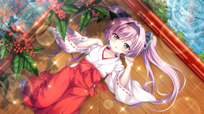 1girl architecture berry black_bow black_headband bow collarbone dot_nose east_asian_architecture film_grain from_above game_cg green_eyes hair_intakes hakama hands_up headband izumi_tsubasu japanese_clothes kimono koi lens_flare lying miko misaki_sango non-web_source official_art on_back on_floor parted_lips plant_request purple_hair re:stage! red_hakama ripples solo sparkle twintails water white_kimono