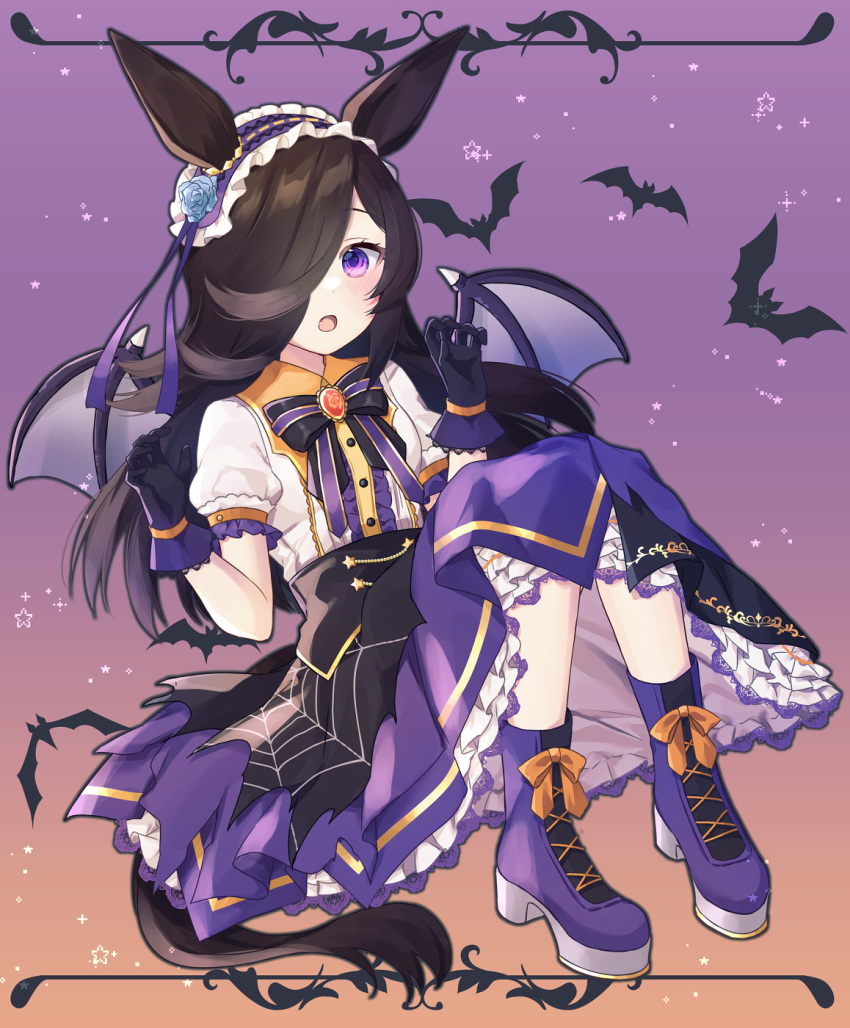 1girl animal_ears bat_wings black_gloves blush boots brown_hair buttons center_frills frilled_skirt frills full_body gloves hair_over_one_eye highres horse_ears horse_girl horse_tail long_hair make_up_in_halloween!_(umamusume) official_alternate_costume open_mouth puffy_short_sleeves puffy_sleeves purin_jiisan purple_footwear purple_skirt rice_shower_(make_up_vampire!)_(umamusume) rice_shower_(umamusume) shirt short_sleeves skirt solo tail umamusume violet_eyes white_shirt wings