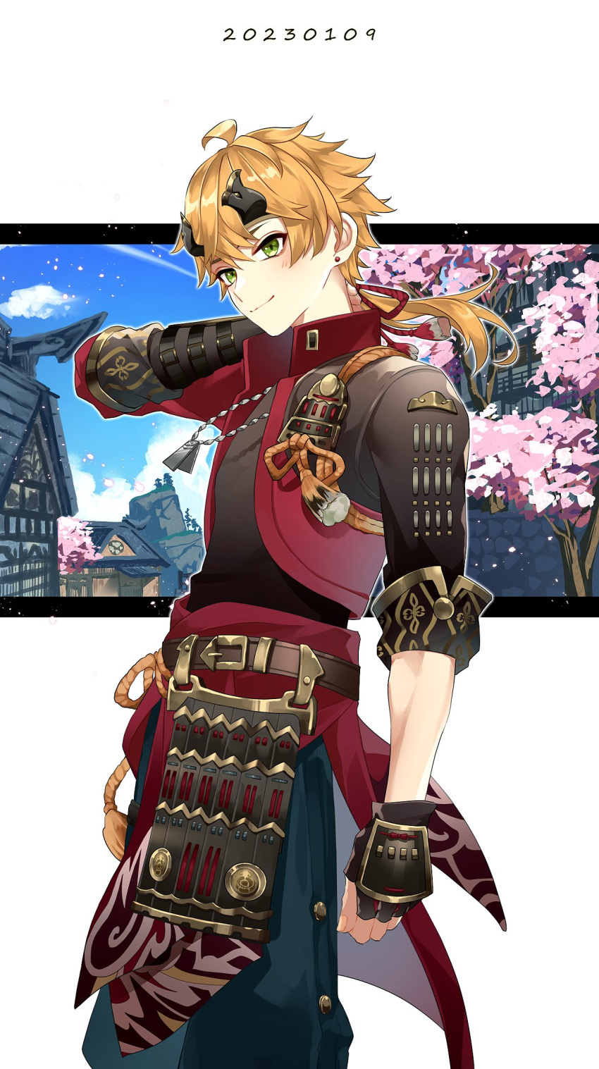 1boy armor black_gloves black_headband blonde_hair blush building cha_hanare cherry_blossoms closed_mouth clouds dated dog_tags ear_piercing fingerless_gloves genshin_impact gloves green_eyes hair_between_eyes headband highres japanese_armor japanese_clothes male_focus outdoors petals piercing ponytail sky solo tassel thoma_(genshin_impact) tree