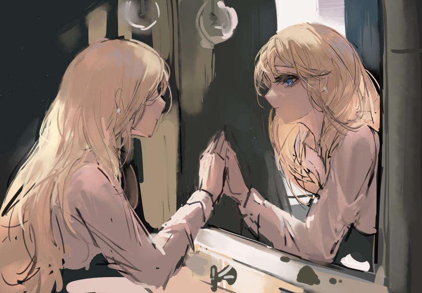 absurdres aurore_lee blonde_hair blue_eyes chinese_commentary circle_of_inevitability commentary_request day genderswap genderswap_(mtf) highres indoors light_bulb long_hair looking_at_mirror mirror reflection shirt sink spoilers white_shirt yuehuai82141