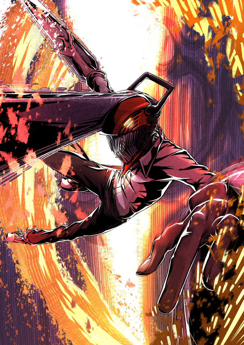 1boy absurdres black_pants chainsaw chainsaw_man denji_(chainsaw_man) embers fighting_stance fingernails glowing glowing_eyes highres kakashino_kakato long_sleeves male_focus object_head pants red_footwear sharp_teeth shirt shoes sneakers solo teeth white_shirt