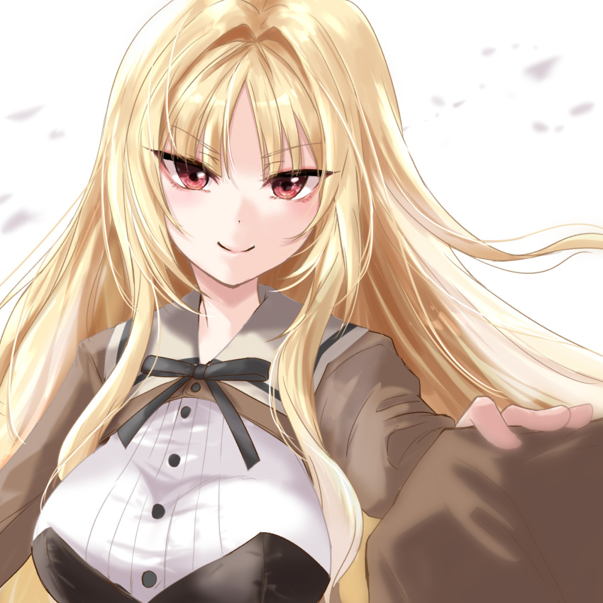 &gt;:) 2girls arm_at_side assault_lily black_ribbon blonde_hair blurry blurry_background breasts buttons closed_mouth commentary cropped_jacket floating_hair hair_intakes hand_on_another's_shoulder hand_up highres large_breasts long_hair long_sleeves looking_at_viewer moroi_saho multiple_girls neck_ribbon out_of_frame outstretched_arm red_eyes ribbon school_uniform shirt sidelocks simple_background smile solo_focus upper_body urutsu_sahari v-shaped_eyebrows white_background white_shirt