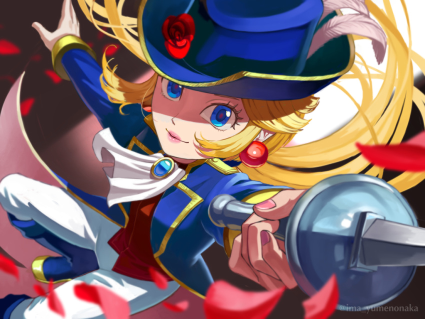 1girl artist_name ascot blonde_hair blue_eyes blue_footwear blue_headwear blue_jacket boots earrings flower hat hat_flower holding holding_sword holding_weapon jacket jewelry long_hair looking_at_viewer official_alternate_costume pants petals pink_lips pink_nails princess_peach princess_peach:_showtime! rapier red_flower red_rose red_vest rose rose_petals solo sphere_earrings super_mario_bros. sword swordfighter_peach vest watermark weapon white_ascot white_pants yuuma_rimi