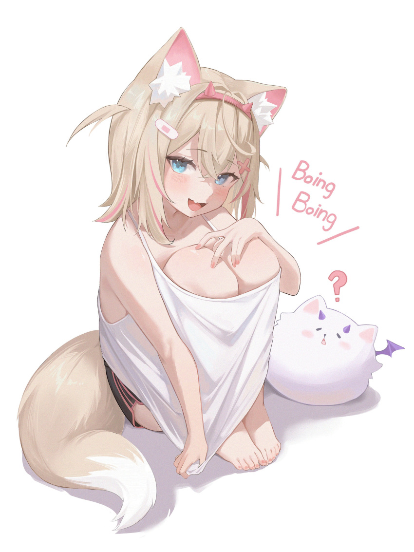 1girl ? absurdres animal_ear_fluff animal_ears barefoot black_shorts blonde_hair blue_eyes commentary creature dog_ears dog_tail dolphin_shorts english_commentary fang feet full_body hair_between_eyes highres hololive hololive_english knee_boobs midori_xu mococo_abyssgard multicolored_hair perroccino_(fuwamoco) pink_hair shadow shorts sitting skin_fang solo sound_effects streaked_hair tail two-tone_hair virtual_youtuber
