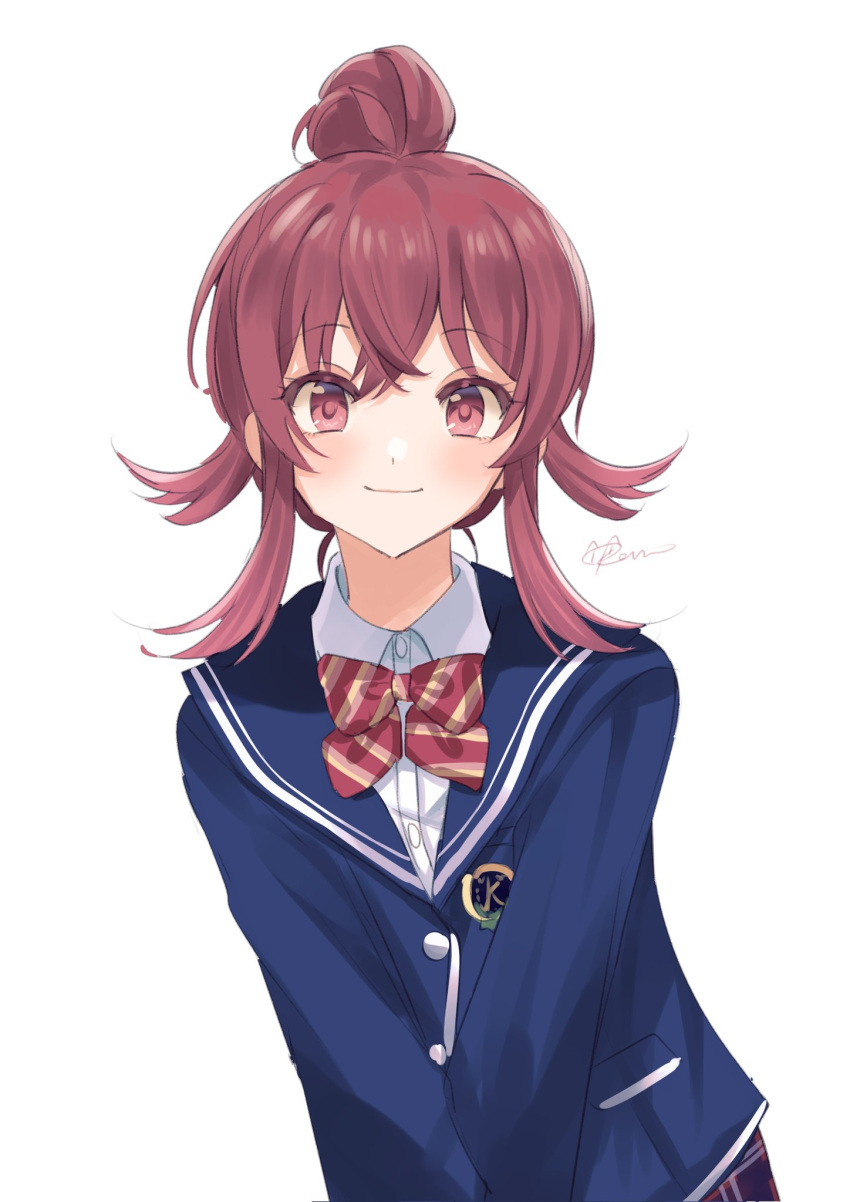 1girl blue_jacket bow bowtie buttons commentary_request diagonal-striped_bow hair_between_eyes hair_bun hair_flaps highres idolmaster idolmaster_shiny_colors jacket kevn komiya_kaho light_blush long_hair long_sleeves looking_at_viewer red_bow red_bowtie red_eyes redhead school_uniform shirt sidelocks signature smile solo upper_body white_background white_shirt wing_collar