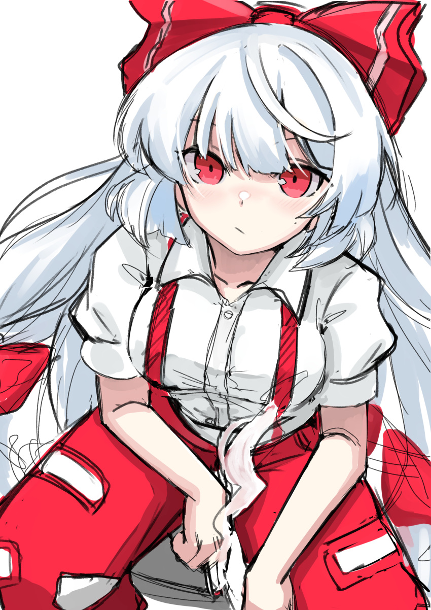 1girl :/ absurdres blush bow cigarette closed_mouth collarbone collared_shirt commentary cowboy_shot fujiwara_no_mokou hair_bow highres holding holding_cigarette long_hair looking_at_viewer ofuda ofuda_on_clothes pants red_bow red_eyes red_pants shirt short_sleeves sitting smoke solo suspenders touhou very_long_hair white_hair white_shirt yuuka_(a0240765)