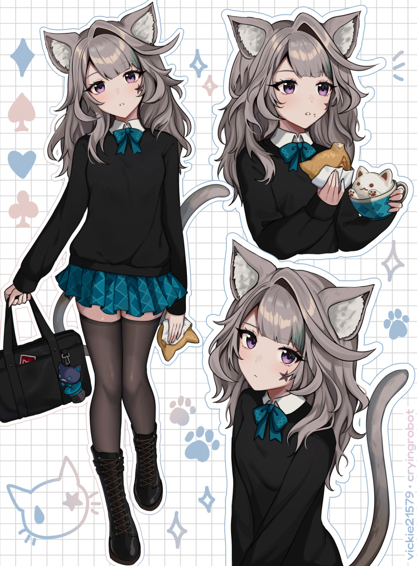 1girl animal_ear_fluff animal_ears bag black_footwear black_sweater blue_bow blue_skirt blush boots bow brown_hair brown_thighhighs cat_ears cat_girl cat_tail club_(shape) collared_shirt commentary_request cross-laced_footwear diamond_(shape) facial_mark food food_on_face genshin_impact head_tilt heart highres holding holding_bag holding_food lace-up_boots long_hair long_sleeves lynette_(genshin_impact) miniskirt multiple_views parted_lips puffy_long_sleeves puffy_sleeves school_bag school_uniform shirt single_hair_intake skirt sleeves_past_wrists spade_(shape) sparkle standing standing_on_one_leg star_(symbol) sweater tail thigh-highs thighhighs_under_boots vickie_(cryingrobot) violet_eyes white_background white_shirt