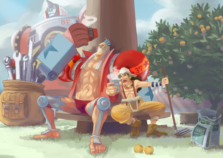 2boys abs black_hair blue_hair closed_eyes cup curly_hair cyborg earmuffs facial_hair food franky_(one_piece) fruit fruit_tree full_body goatee goggles goggles_around_neck hat holding holding_cup koga_(017) long_hair male_focus mecha multiple_boys one_piece open_clothes open_mouth orange_(fruit) outdoors robot short_hair sideburns sitting sky smile suspenders teeth tools tree usopp white_headwear wrench