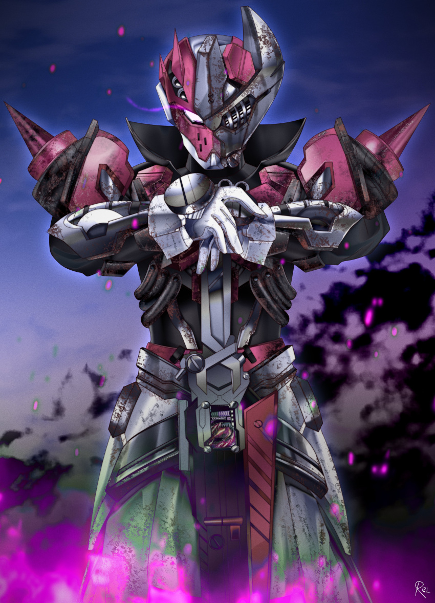 1boy absurdres asymmetrical_armor bolt fire gloves glowing glowing_eye glowing_smoke helmet highres holding holding_sword holding_weapon kamen_rider kamen_rider_gotchard_(series) male_focus pink_fire planted planted_sword power_armor purple_fire reiei_8 shoulder_spikes smoke solo spikes sword valvarad valvarusher weapon white_gloves