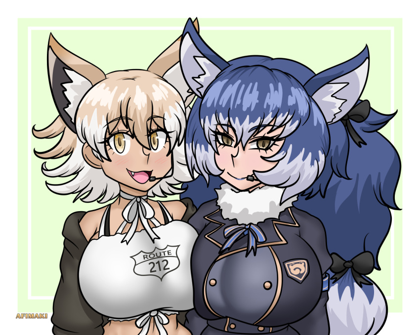 2girls afimaki animal_ears blazer blonde_hair blue_hair bow bowtie camisole closed_mouth coyote_(kemono_friends) dire_wolf_(kemono_friends) extra_ears green_background grey_eyes highres jacket kemono_friends kemono_friends_v_project long_hair microphone multiple_girls open_mouth ribbon scarf short_hair simple_background virtual_youtuber wolf_ears wolf_girl
