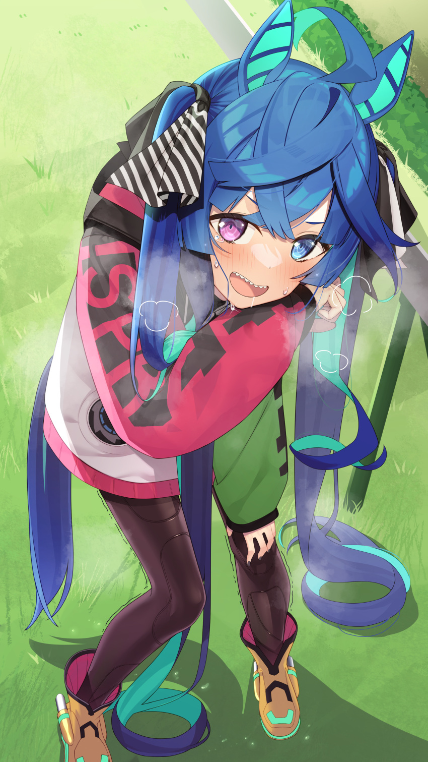 1girl absurdres ahoge animal_ears black_pantyhose blue_eyes blue_hair blush boots breath crossed_bangs day dot_nose grass heavy_breathing heterochromia highres horse_ears horse_girl horse_tail long_hair long_sleeves looking_at_viewer open_mouth outdoors pantyhose partner_(kprtnr) saliva shadow sharp_teeth smile solo sparkle standing sweat tail teeth trembling twin_turbo_(umamusume) twintails umamusume upper_teeth_only very_long_hair violet_eyes wiping_sweat yellow_footwear