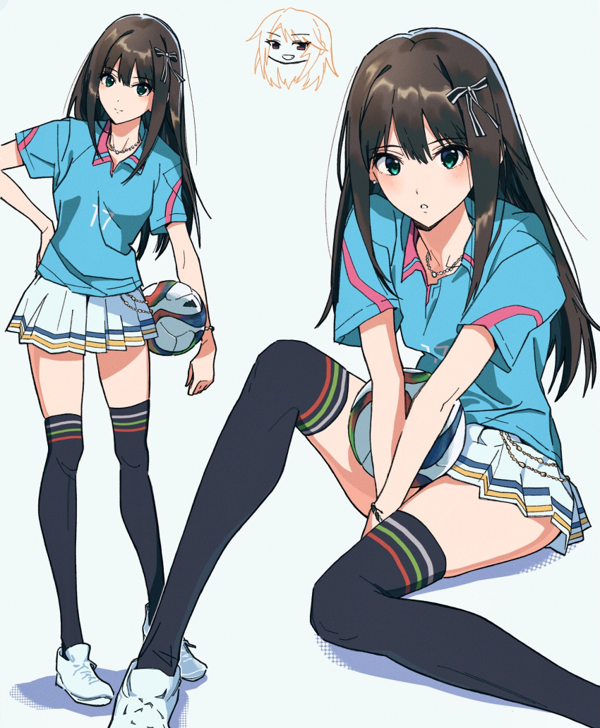 1girl aqua_shirt ball black_hair black_thighhighs bloom_into_me15 collared_shirt green_eyes hand_on_own_hip highres holding holding_ball idolmaster idolmaster_cinderella_girls jewelry long_hair looking_at_viewer multiple_views necklace open_mouth pleated_skirt shibuya_rin shirt shoes short_sleeves skirt smile soccer_ball soccer_uniform sportswear standing thigh-highs white_footwear white_skirt