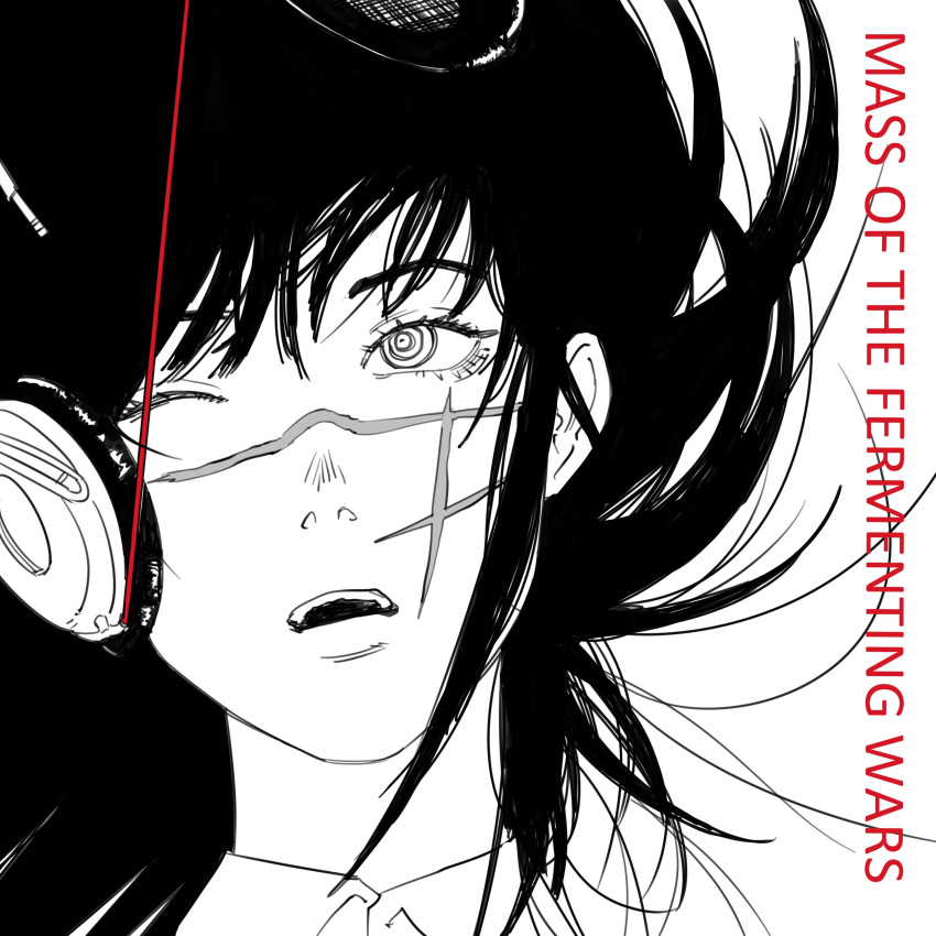 1girl absurdres album_cover_redraw cable chainsaw_man commentary derivative_work english_text floating_hair headphones highres looking_to_the_side mass_of_the_fermenting_dregs monochrome one_eye_closed open_mouth portrait ringed_eyes scar scar_on_cheek scar_on_face scar_on_nose sidelocks simple_background solo white_background xyanaid yoru_(chainsaw_man)