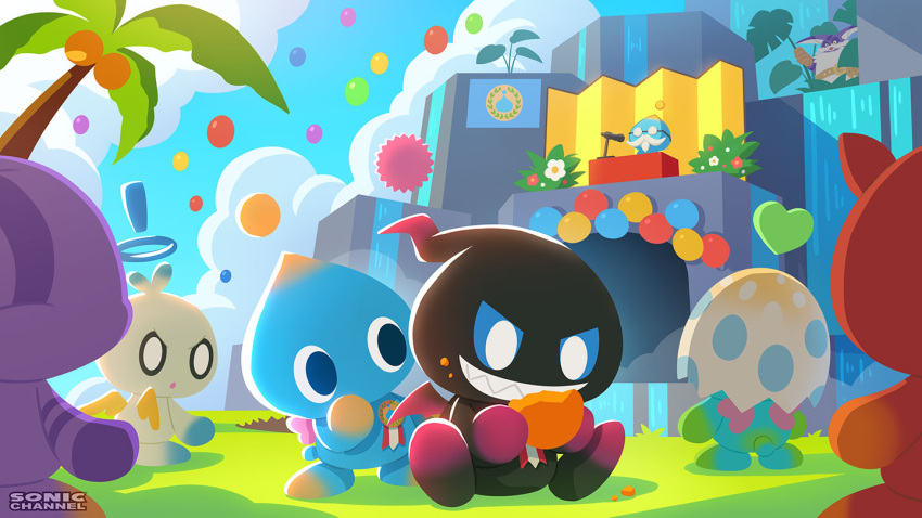 1boy balloon big_the_cat blue_sclera blue_sky chao_(sonic) chao_garden colored_sclera commentary_request dark_chao facial_hair food food_on_face fruit grass heart hero_chao holding holding_food holding_fruit looking_at_another medal microphone mustache official_art palm_tree round_eyewear sharp_teeth sky sonic_(series) teeth tree uno_yuuji water waterfall wings