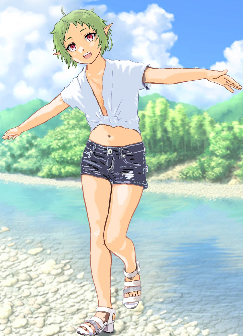 1girl :d ahoge alternate_costume clouds day denim denim_shorts elf forest green_hair highres looking_at_viewer mizumori_keiichi mushoku_tensei nature navel open_mouth outdoors outstretched_arms pointy_ears red_eyes shirt short_shorts shorts sky smile solo stream sylphiette_(mushoku_tensei) tied_shirt tree water white_footwear white_shirt